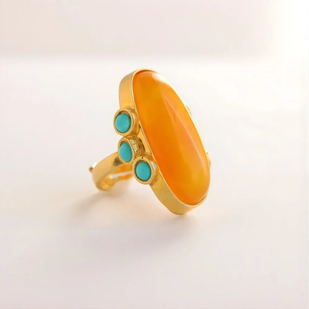 Baltic Amber and Turquoise Gold Ring- 14k Gold Plated Sterling Silver - Picture 5 of 9